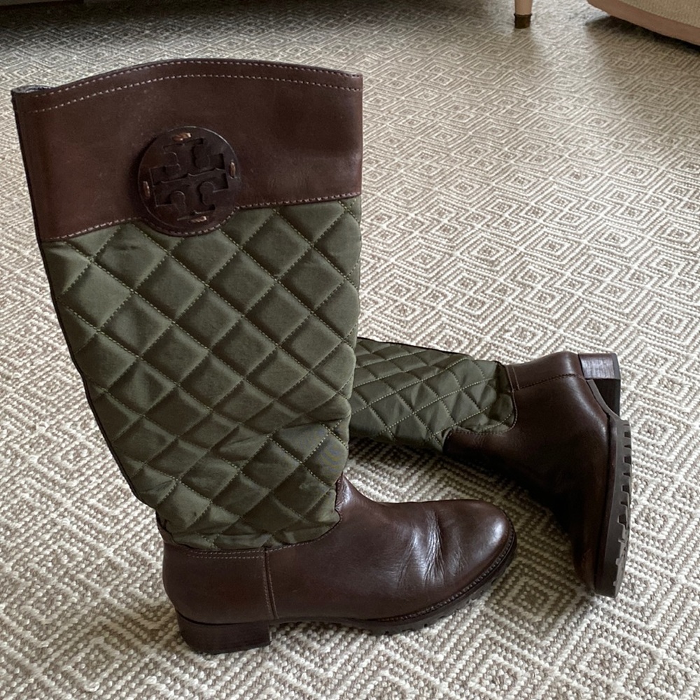 TORY BURCH Sz 8M 8 M Green Brown Quilted Riding Boots Rowan